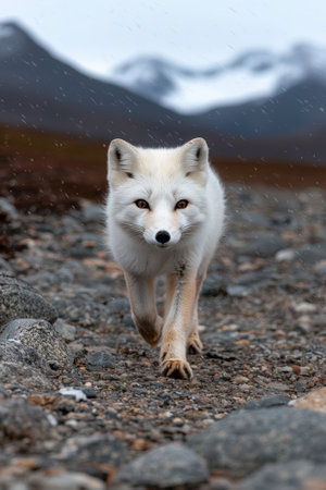 Arctic fox walking on rocky ground in snowy weather.の素材