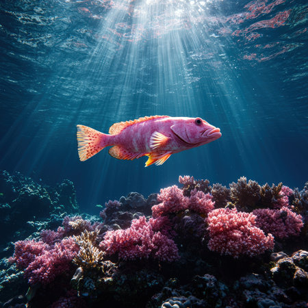 A pink fish swims over a coral reef in clear blue water.の素材