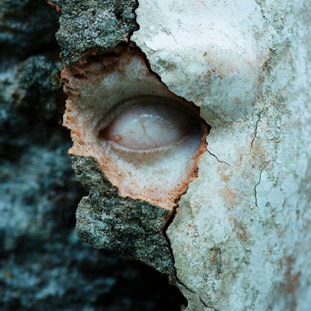 A surreal and eerie image of an eye embedded in cracked stone.の素材