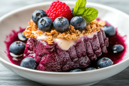 Acai bowl with fresh blueberries, raspberries and granola.の素材