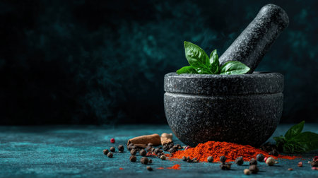 Mortar and pestle with spices and herbs for cooking.の素材