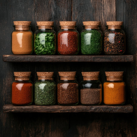 Assortment of spices in glass jars on a wooden shelf.の素材