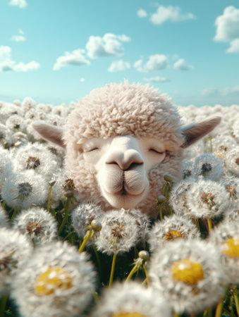 A fluffy alpaca surrounded by white dandelions in a field under a blue sky.の素材
