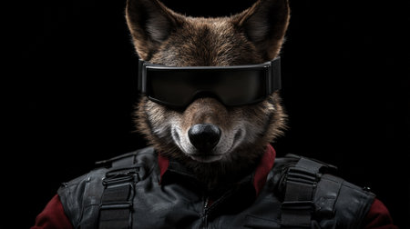 Anthropomorphic coyote in tactical gear wearing dark glasses.の素材