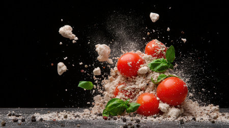 Tomatoes with basil leaves and parmesan cheese.の素材