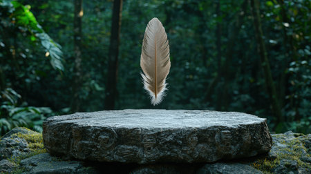 A feather floats above a stone platform in a lush forest.の素材