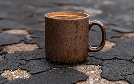 A brown coffee mug sits on a cracked surface.の素材