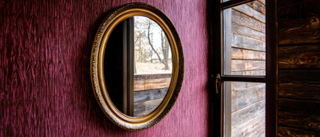 An ornate mirror hangs on a textured wall next to a window.の素材