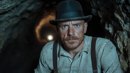 A determined man in a bowler hat stands in a mine.の素材