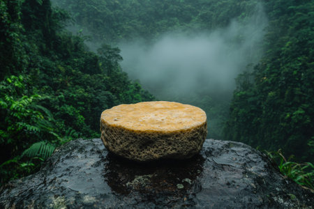 A round cheese sits on a rock in a lush, misty forest.の素材