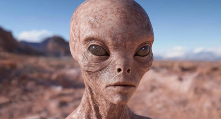 Close-up of a grey alien face in a desert landscape.の素材