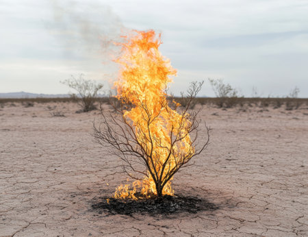 A lone tree burns in a desolate landscape.の素材