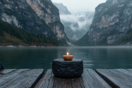 A candle burns on a wooden dock overlooking a misty mountain lake.の素材