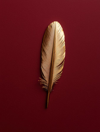 A golden feather on a red background.の素材