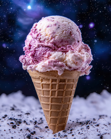 A delicious ice cream cone with a galaxy background.の素材