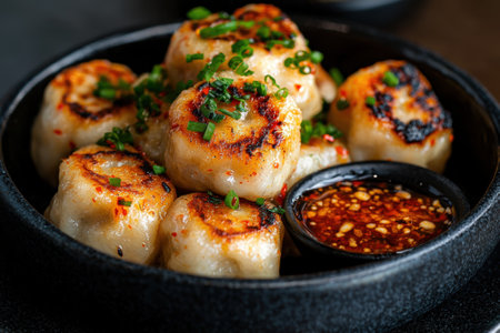 Delicious pan-fried dumplings with dipping sauce.の素材