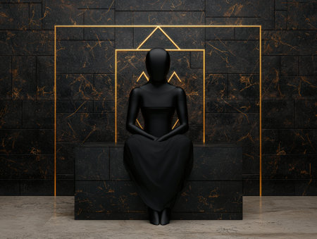 Abstract black figure sitting in front of a geometric background.の素材