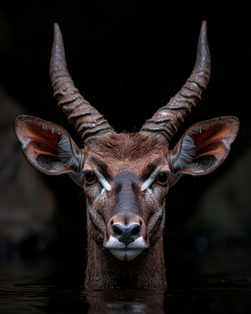 Close-up of a male Nyala antelope in water.の素材