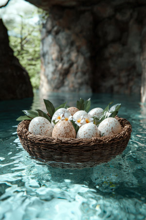 Easter eggs in a basket floating on waterの素材