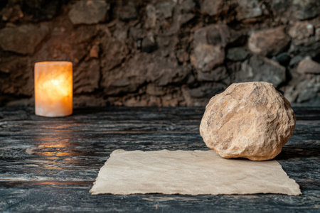 A stone sits on parchment next to a glowing candle.の素材