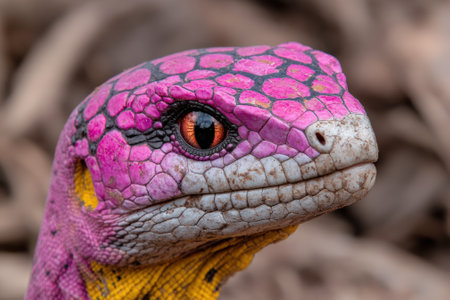 Close up of a pink and yellow snake head with an orange eye.の素材