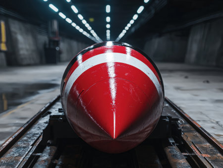 A red and white rocket in a tunnel.の素材