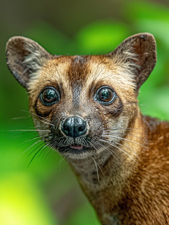 Close-up portrait of a Fanaloka, a small carnivorous mammal native to Madagascar.の素材