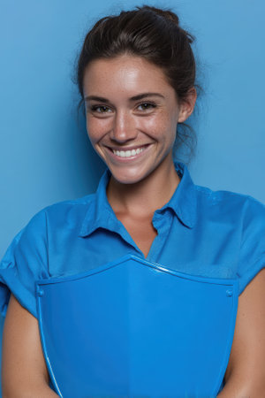 Smiling woman holding a blue shield.の素材