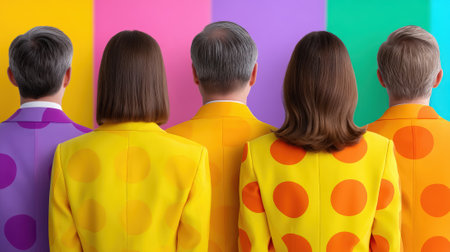 People in colorful polka dot suits standing in a row.の素材