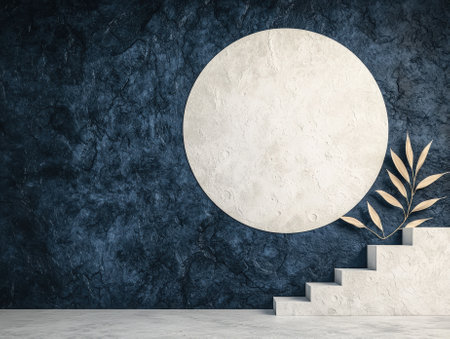 Abstract interior with stairs, plants, and a circle against a textured wall.の素材