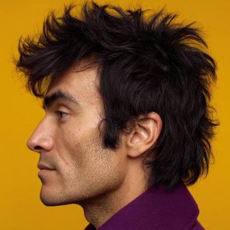 Profile of a man with dark hair against a yellow background.の素材