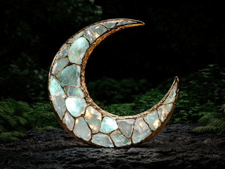 Crescent moon sculpture with gold frame and light blue stones on a rock in a forest.の素材