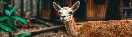 A llama standing in a forest.の素材