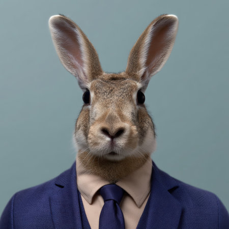 Rabbit dressed in a suit and tie looking at the camera.の素材