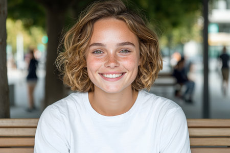 Smiling young woman with freckles sitting on a bench outdoors.の素材