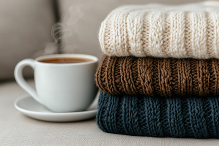 Cozy winter scene with warm drink and folded knitwear.の素材