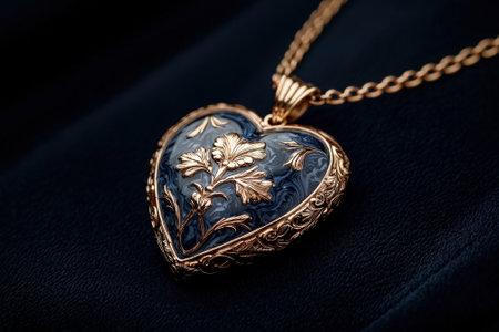 Elegant gold heart pendant necklace with floral design.の素材