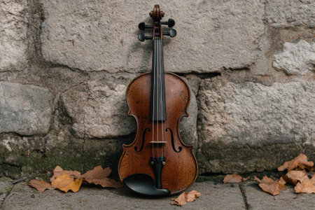 A violin rests against a stone wall surrounded by autumn leaves.の素材
