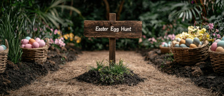 A rustic wooden sign points the way to an Easter egg hunt in a garden setting.の素材