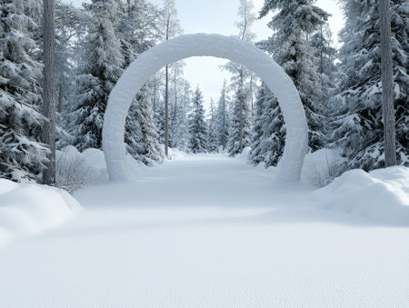 Snowy archway in a winter forest landscape.の素材