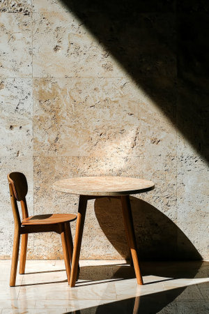 A wooden chair and table are illuminated by sunlight against a textured wall.の素材