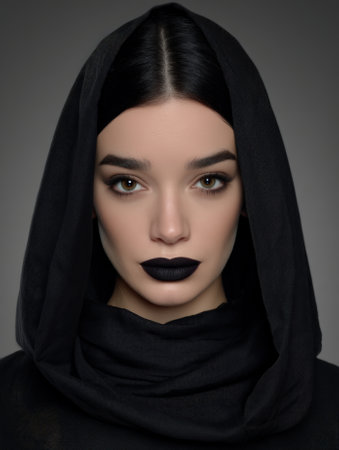 A portrait of a woman with black lipstick wearing a black hood.の素材