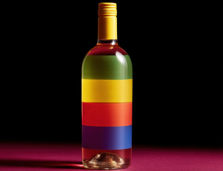A colorful wine bottle with a yellow cap on a red surface.の素材