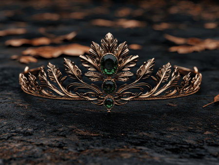 Elegant gold crown with green gemstones on a dark surface.の素材