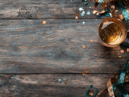 Festive champagne toast on a rustic wooden table with confetti.の素材