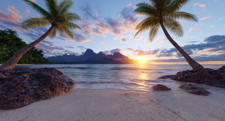 Tropical beach sunset with palm trees and mountains.の素材