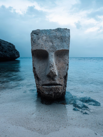 Stone head sculpture in the ocean on a beach.の素材