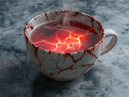A cup of hot liquid with a cracked lava effect.の素材
