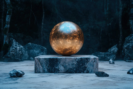 Mysterious glowing orb on a stone pedestal in a dark forest setting.の素材