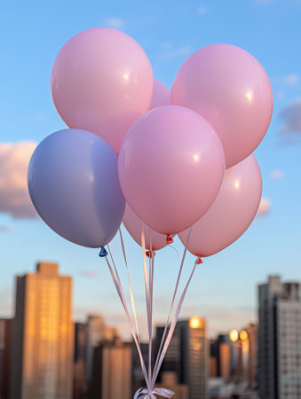Pink and purple balloons float in the sky over a cityscape.の素材